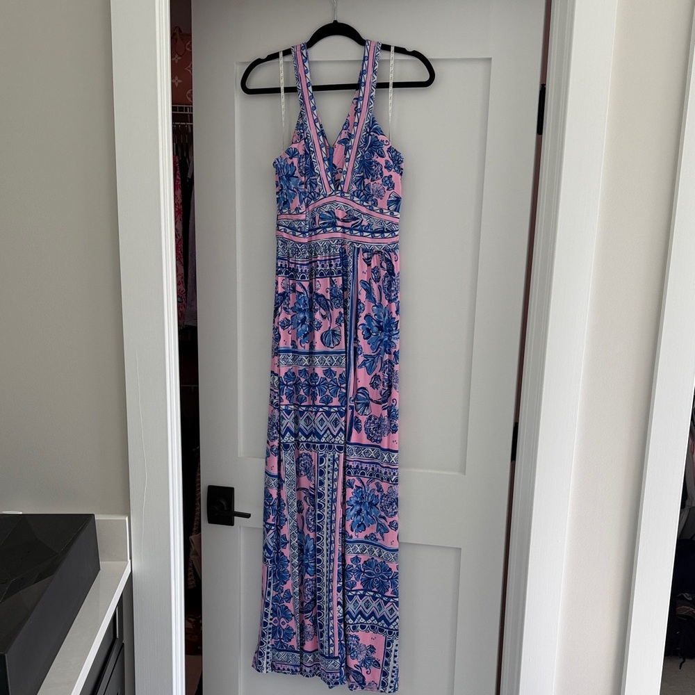 Lilly Pink & Blue Printed V-Neck Maxi Dress